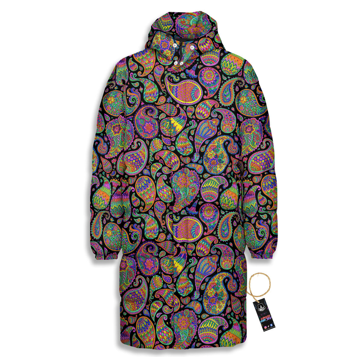 Orange Green And Pink Paisley Print Long Down Jacket-grizzshop