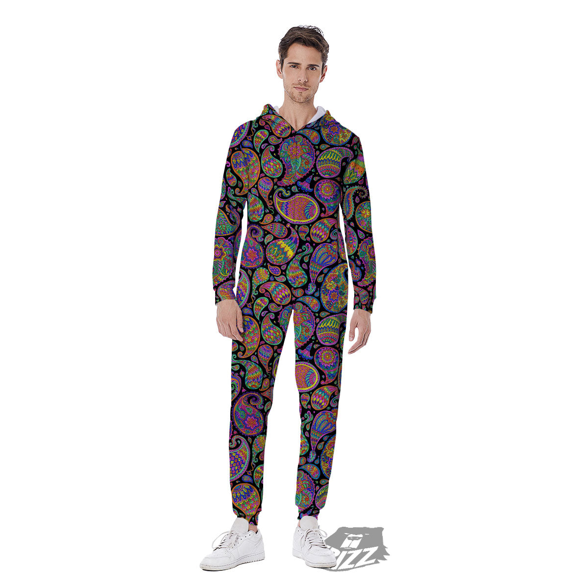 Orange Green And Pink Paisley Print Men's Jumpsuit-grizzshop
