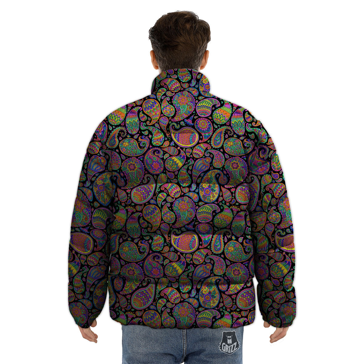 Orange Green And Pink Paisley Print Puffer Jacket-grizzshop