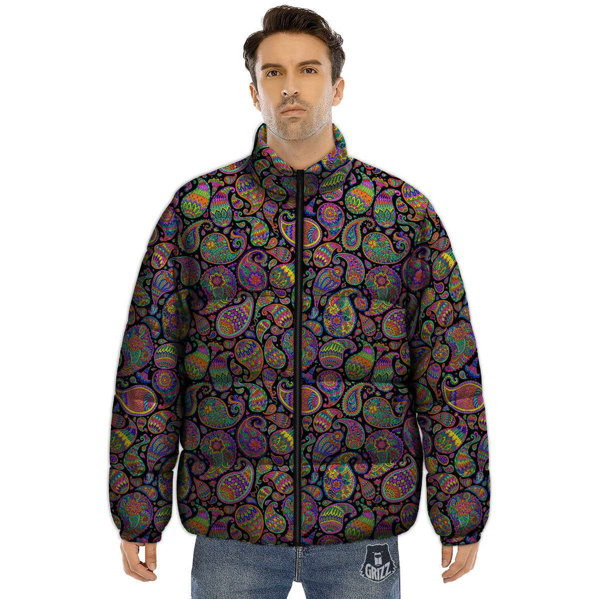 Orange Green And Pink Paisley Print Puffer Jacket-grizzshop