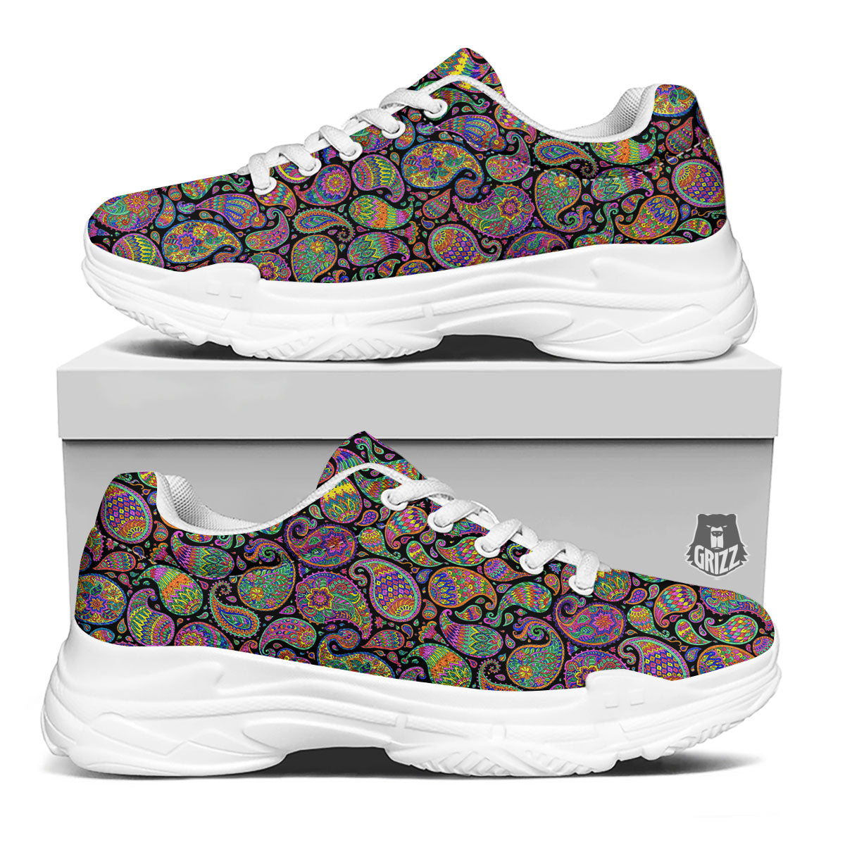 Orange Green And Pink Paisley Print White Chunky Shoes-grizzshop