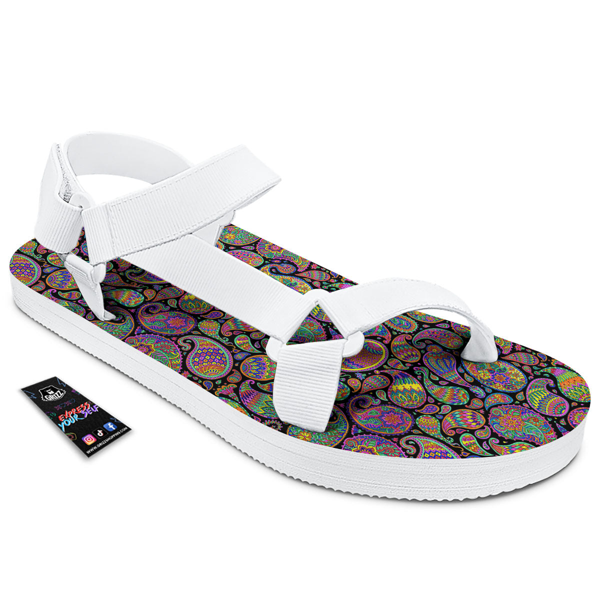 Orange Green And Pink Paisley Print White Open Toe Sandals-grizzshop