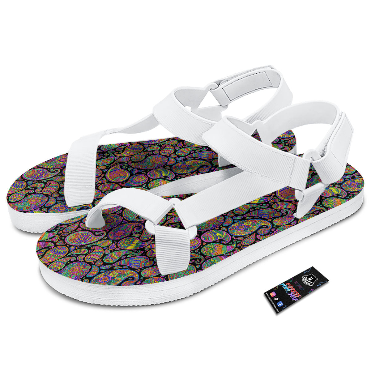 Orange Green And Pink Paisley Print White Open Toe Sandals-grizzshop