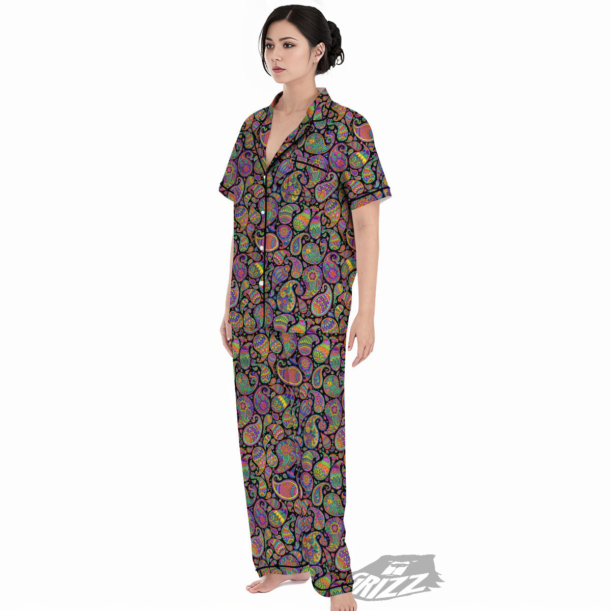 Orange Green And Pink Paisley Print Women's Pajamas Set-grizzshop