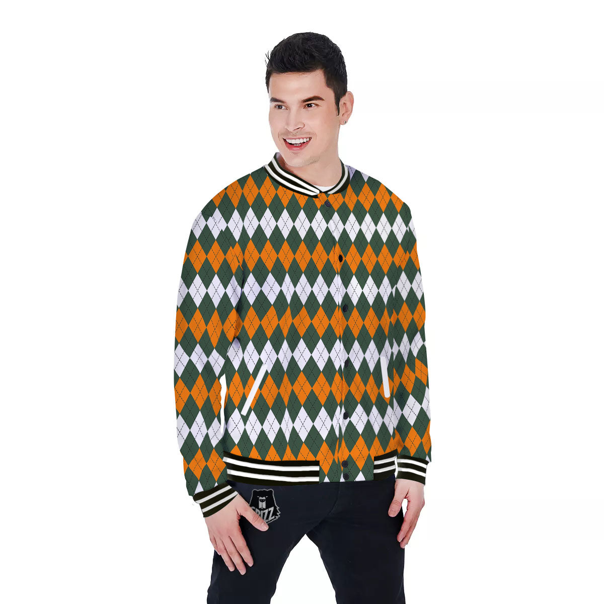 Orange Green And White Argyle Print Baseball Jacket-grizzshop