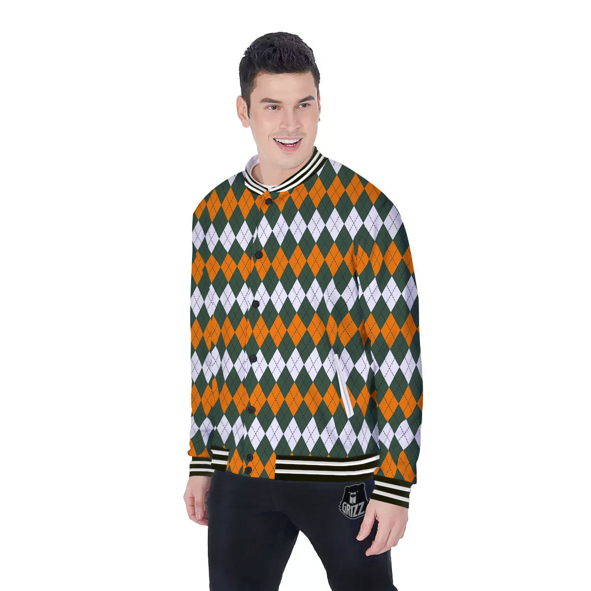Orange Green And White Argyle Print Baseball Jacket-grizzshop