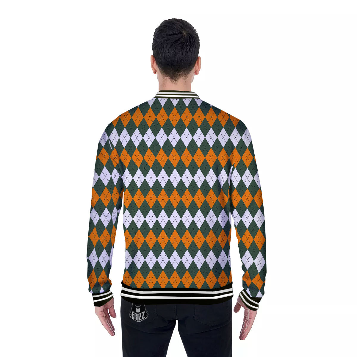 Orange Green And White Argyle Print Baseball Jacket-grizzshop
