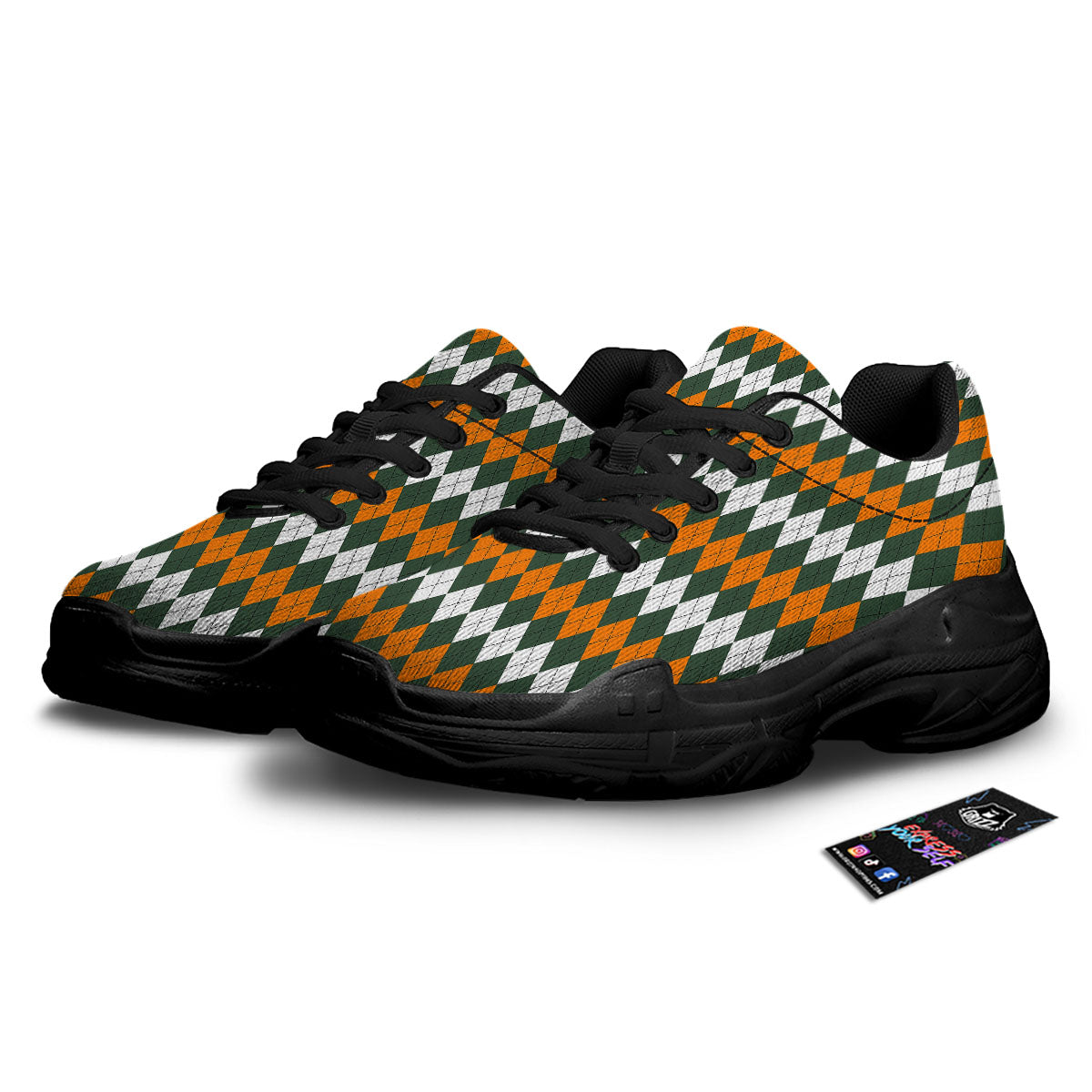 Orange Green And White Argyle Print Black Chunky Shoes-grizzshop