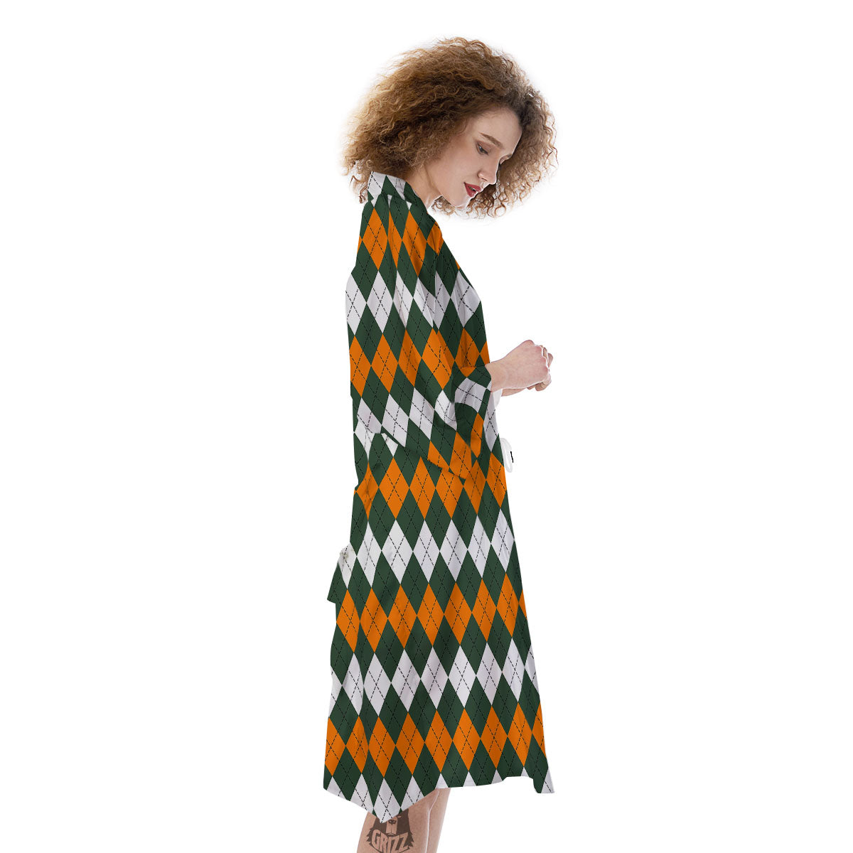 Orange Green And White Argyle Print Kimono-grizzshop