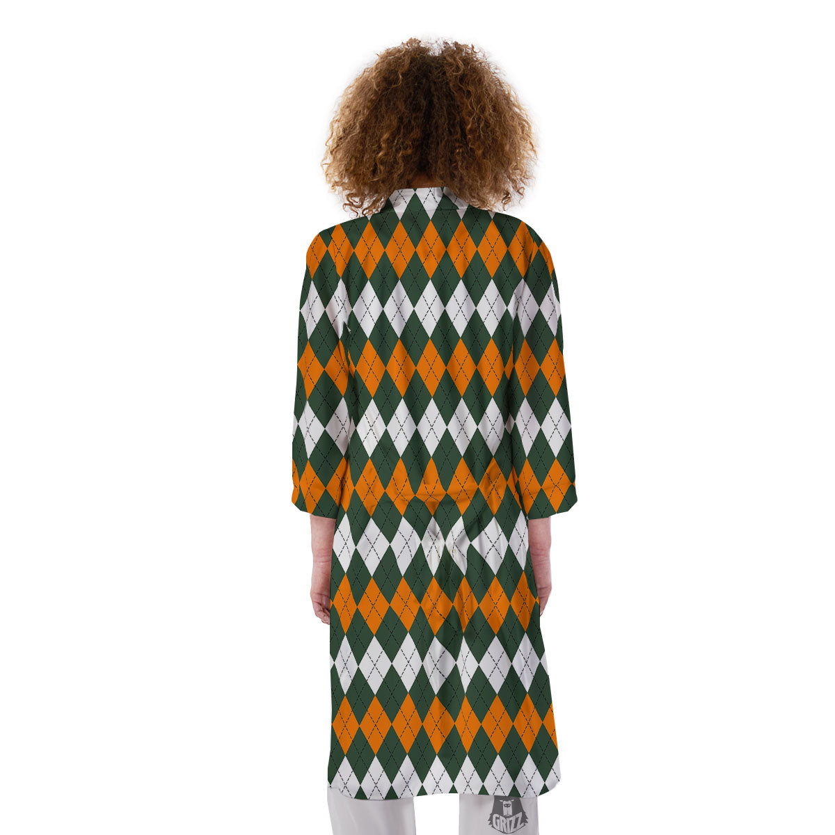 Orange Green And White Argyle Print Kimono-grizzshop