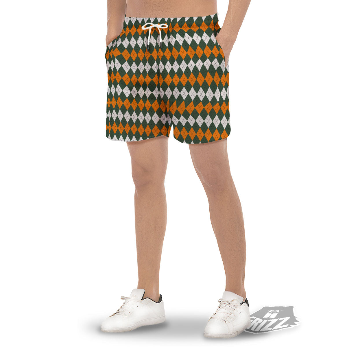 Orange Green And White Argyle Print Men's Gym Shorts-grizzshop