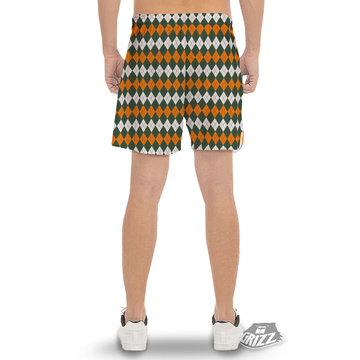 Orange Green And White Argyle Print Men's Gym Shorts-grizzshop