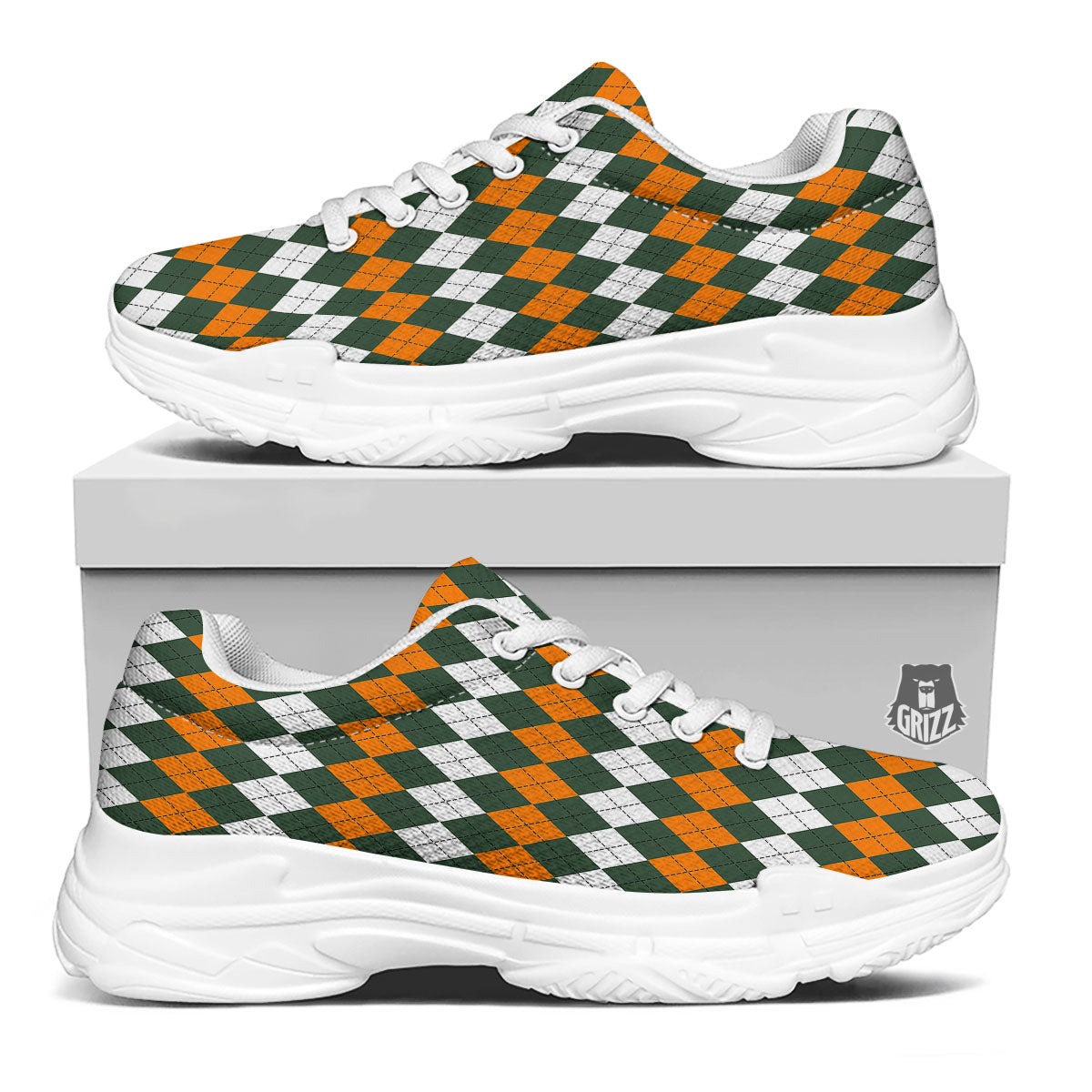Orange Green And White Argyle Print White Chunky Shoes-grizzshop