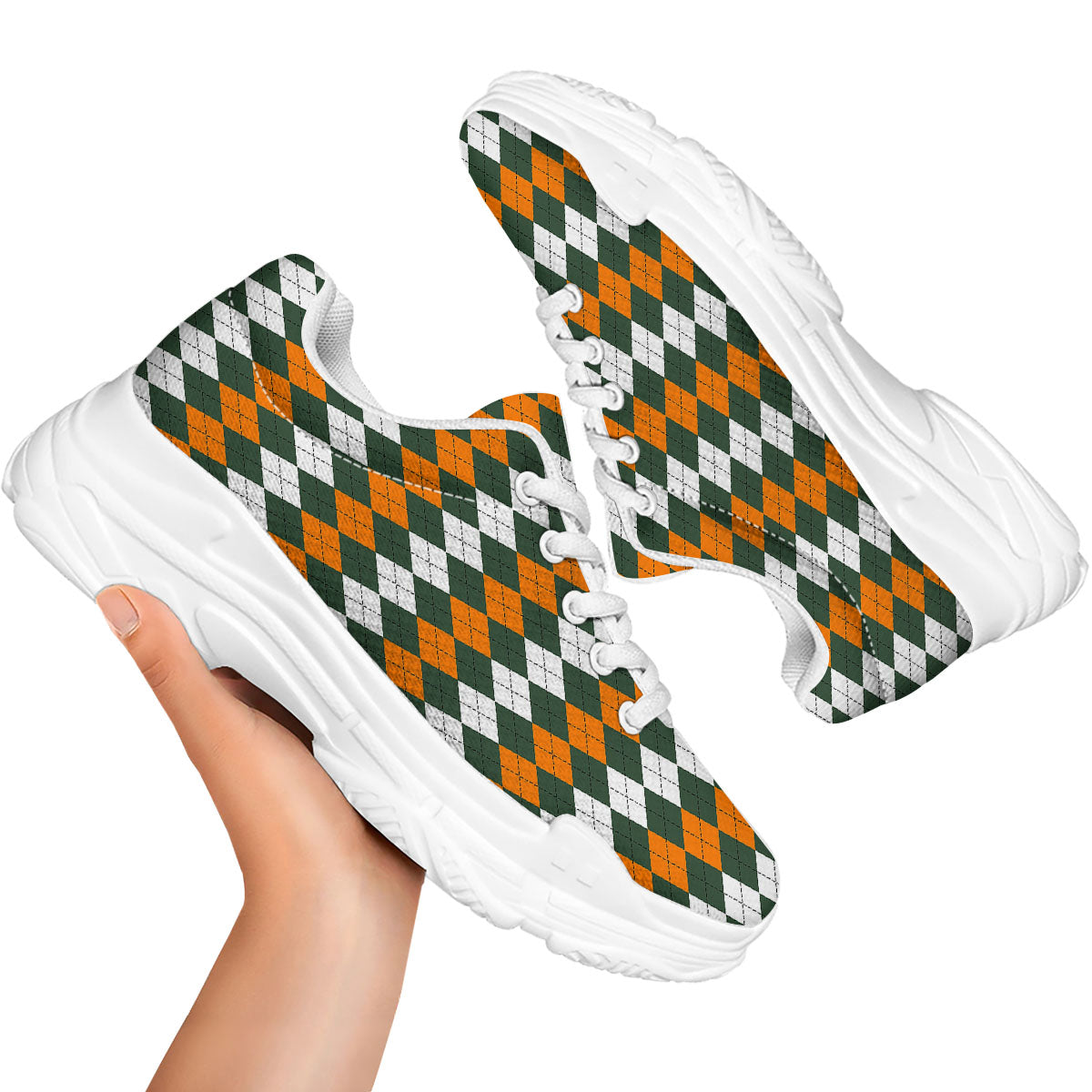 Orange Green And White Argyle Print White Chunky Shoes-grizzshop