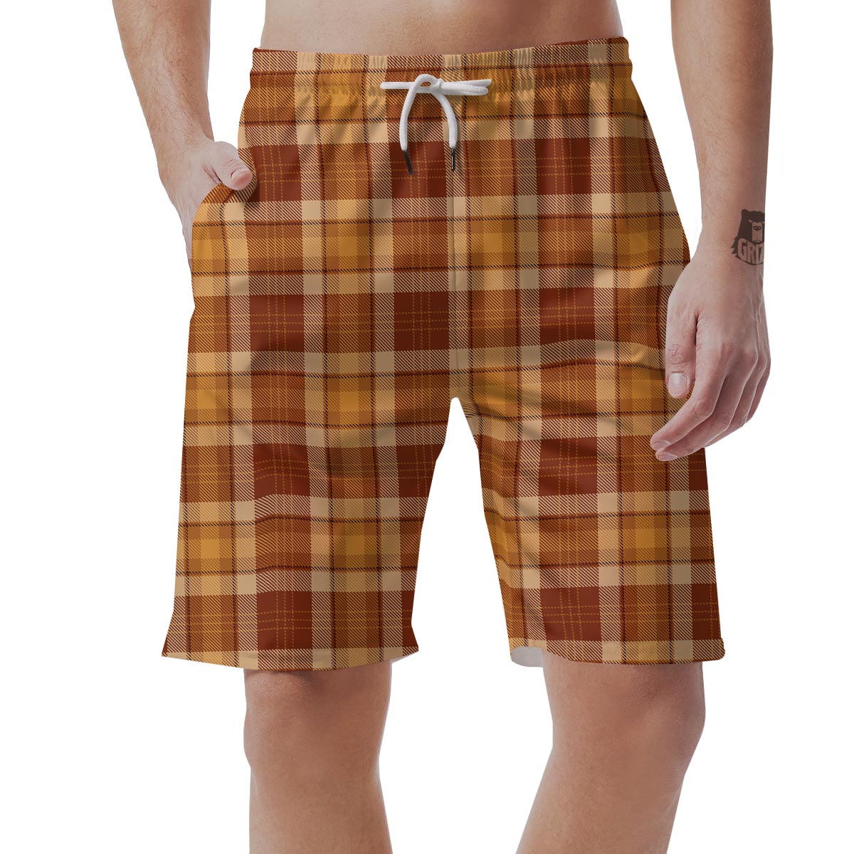 Orange Plaid Tartan Print Men's Shorts-grizzshop