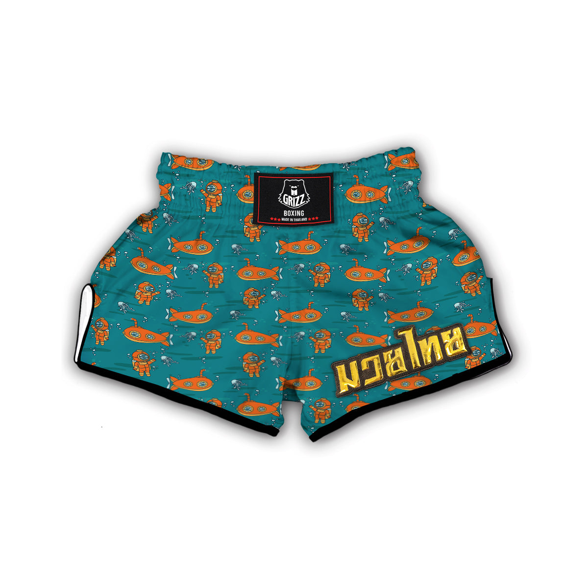 Orange Submarine Print Pattern Muay Thai Boxing Shorts-grizzshop