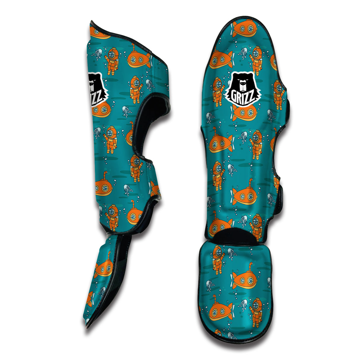 Orange Submarine Print Pattern Muay Thai Shin Guards-grizzshop