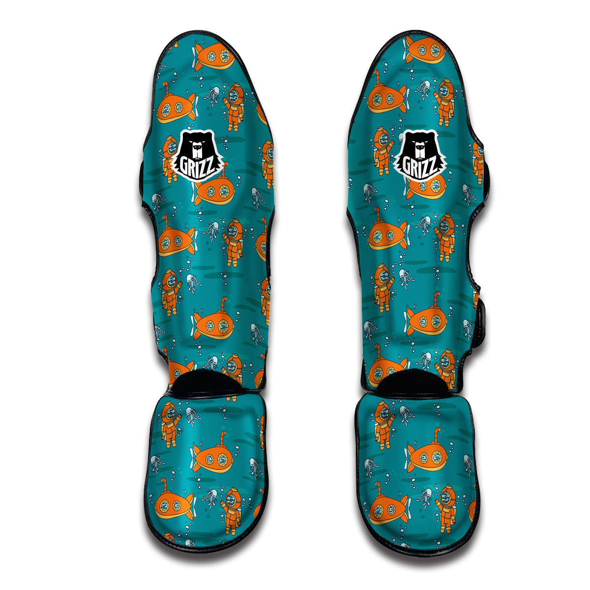 Orange Submarine Print Pattern Muay Thai Shin Guards-grizzshop