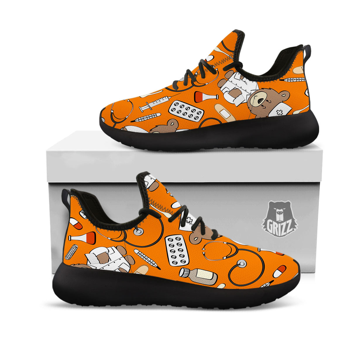 Orange Teddy Bear Nurse Black Athletic Shoes-grizzshop