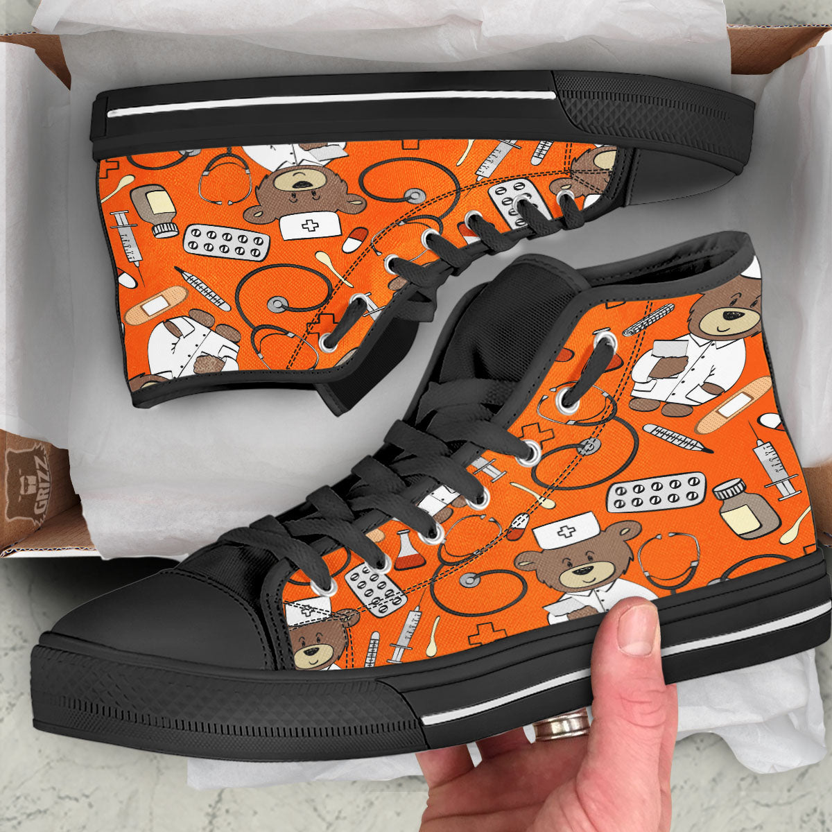 Orange Teddy Bear Nurse Black High Top Shoes-grizzshop