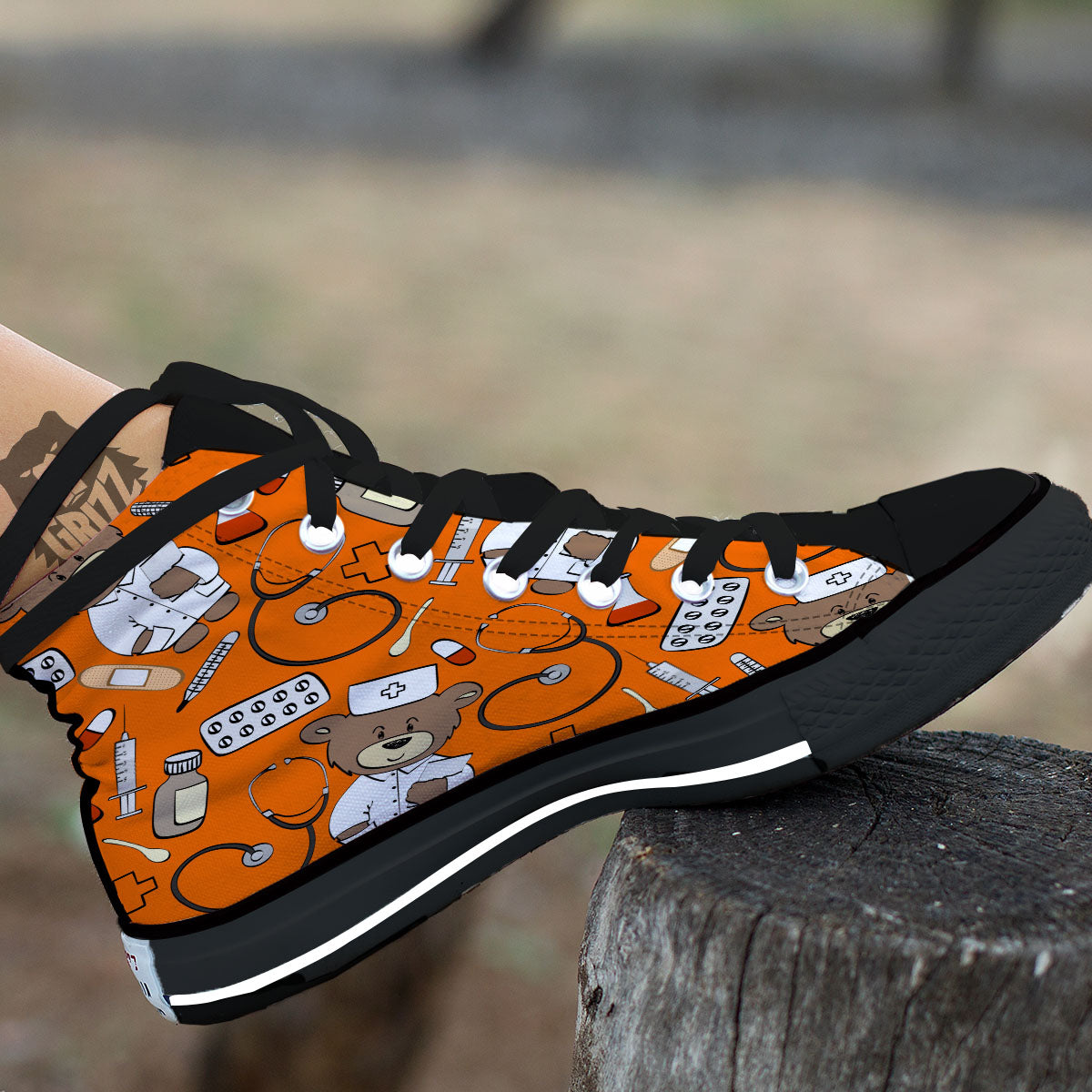 Orange Teddy Bear Nurse Black High Top Shoes-grizzshop