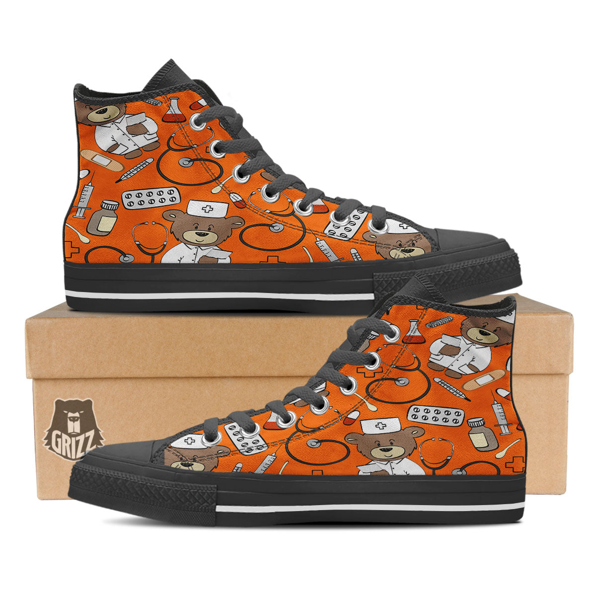 Orange Teddy Bear Nurse Black High Top Shoes-grizzshop