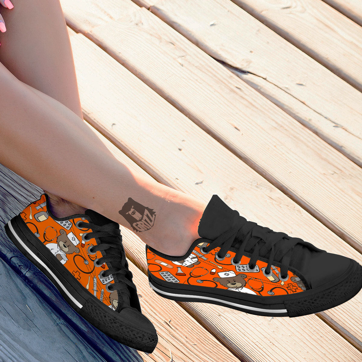 Orange Teddy Bear Nurse Black Low Top Shoes-grizzshop