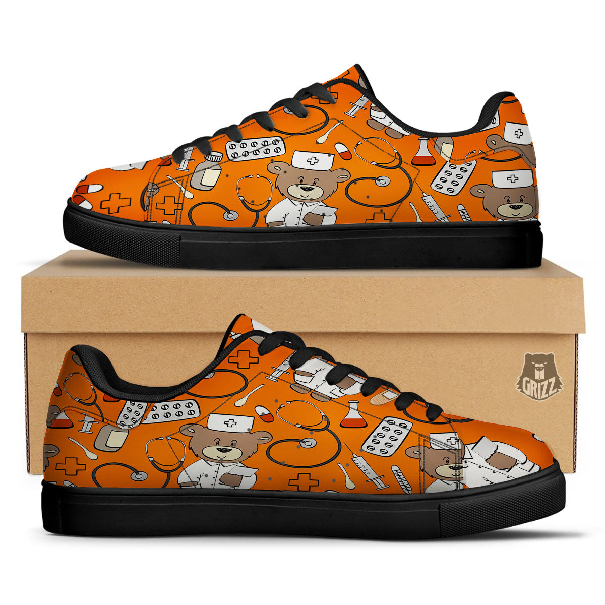Orange Teddy Bear Nurse Black Low Top Sneakers-grizzshop