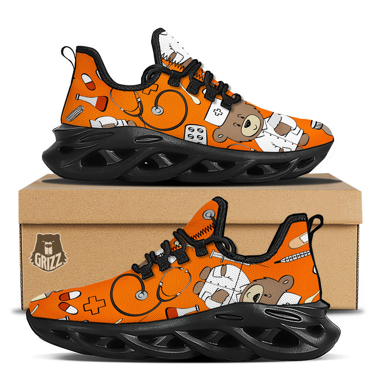Orange Teddy Bear Nurse Black Running Shoes-grizzshop