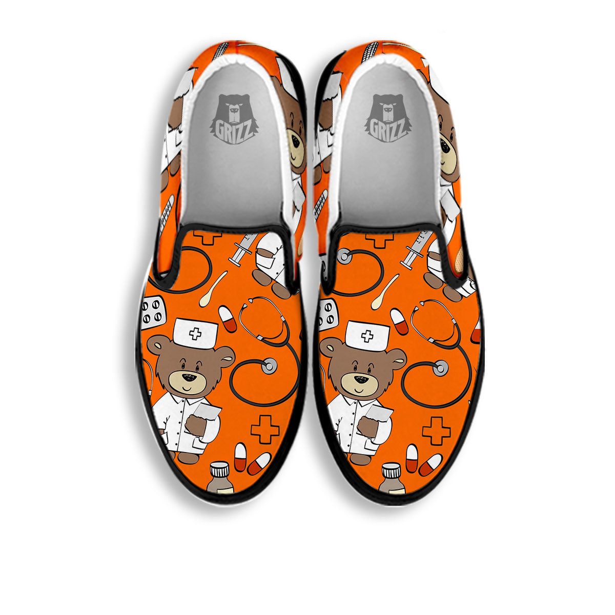 Orange Teddy Bear Nurse Black Slip On Shoes-grizzshop
