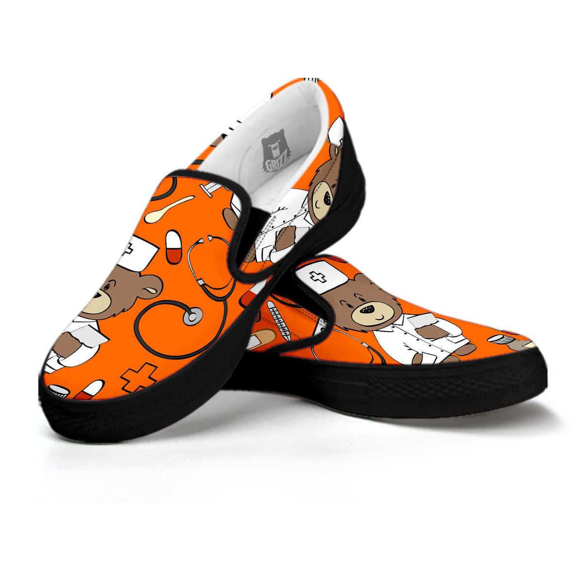 Orange Teddy Bear Nurse Black Slip On Shoes-grizzshop