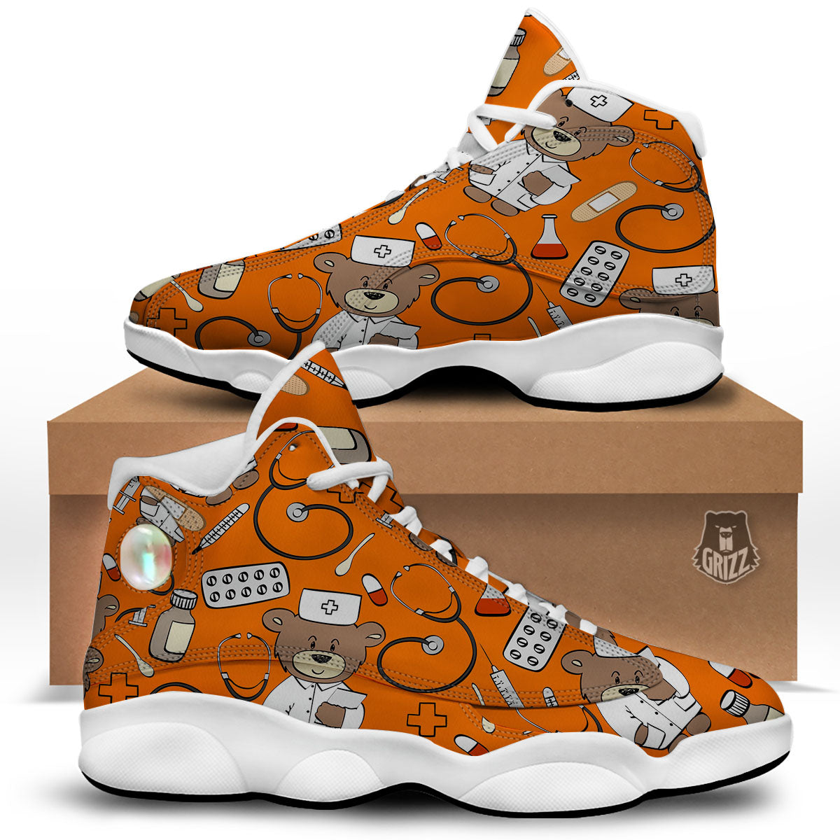 Orange Teddy Bear Nurse White Basketball Shoes-grizzshop