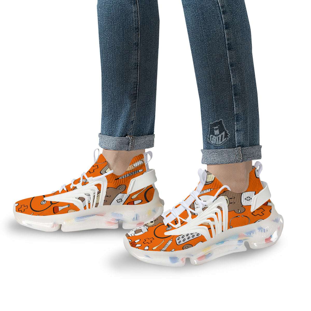 Orange Teddy Bear Nurse White Gym Shoes-grizzshop