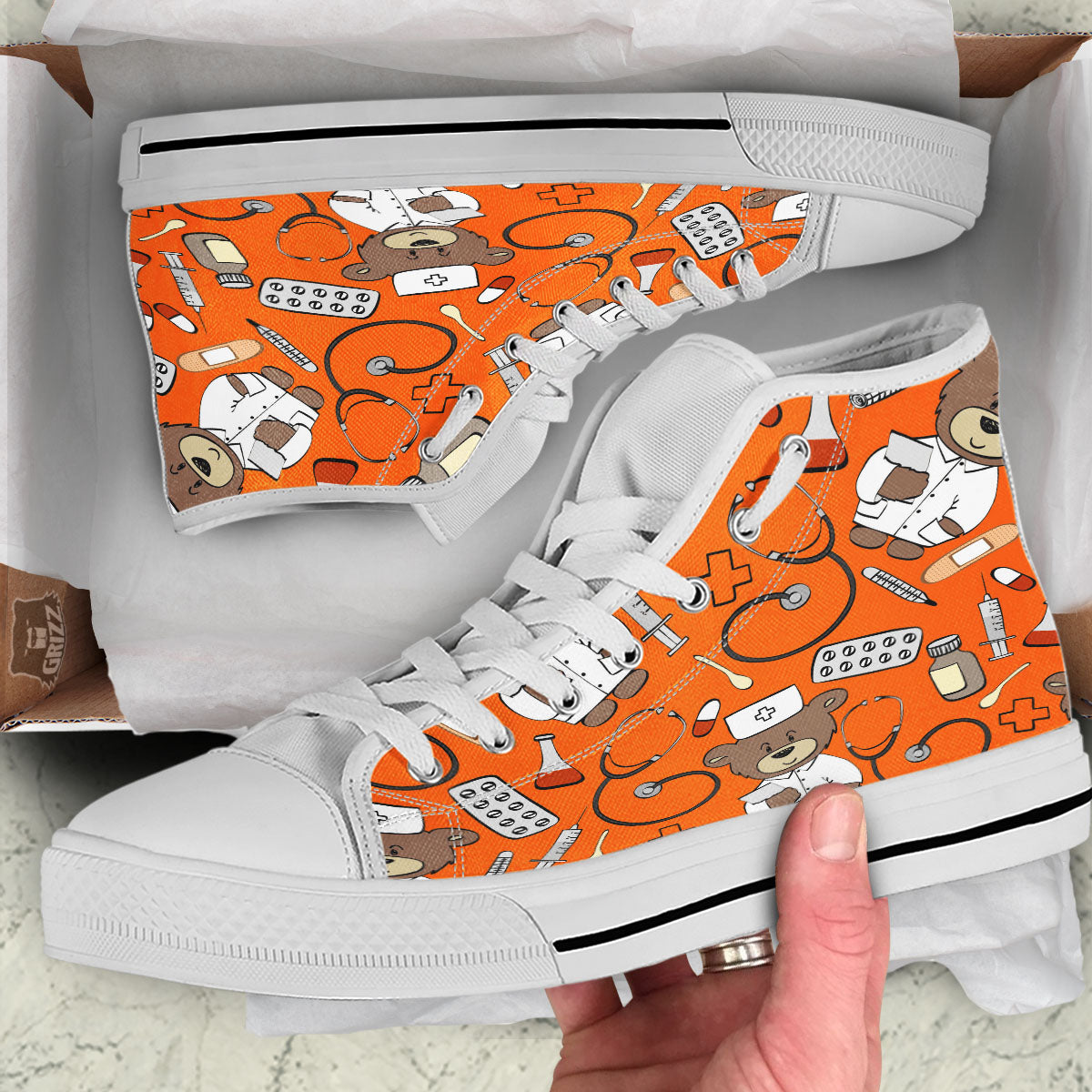 Orange Teddy Bear Nurse White High Top Shoes-grizzshop
