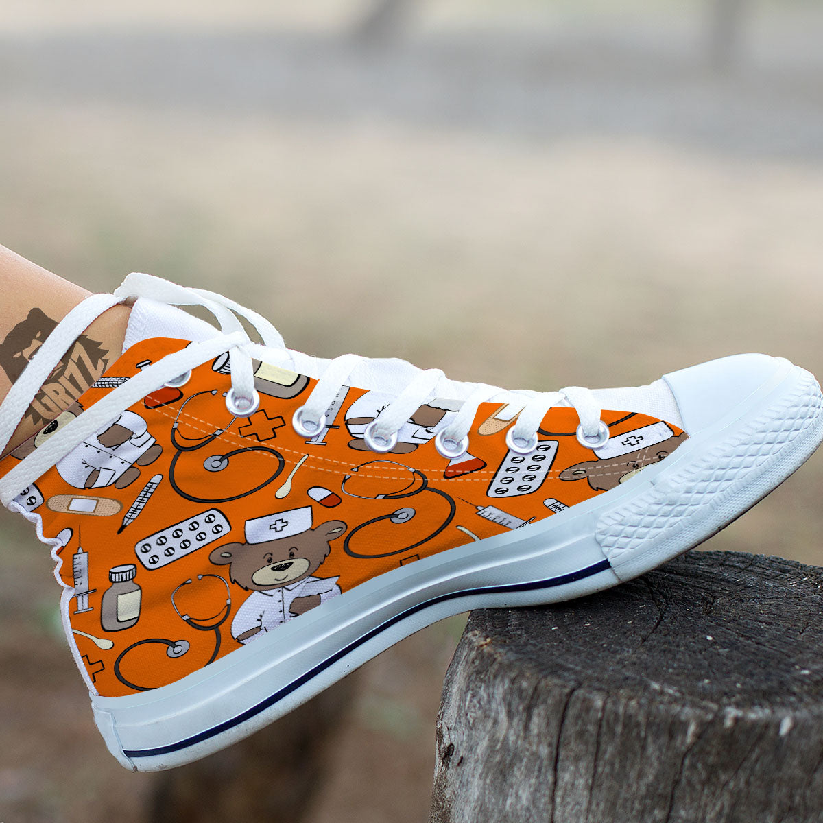 Orange Teddy Bear Nurse White High Top Shoes-grizzshop