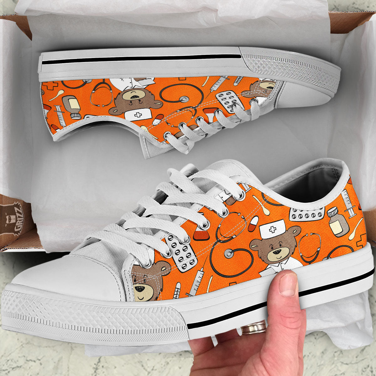 Orange Teddy Bear Nurse White Low Top Shoes-grizzshop
