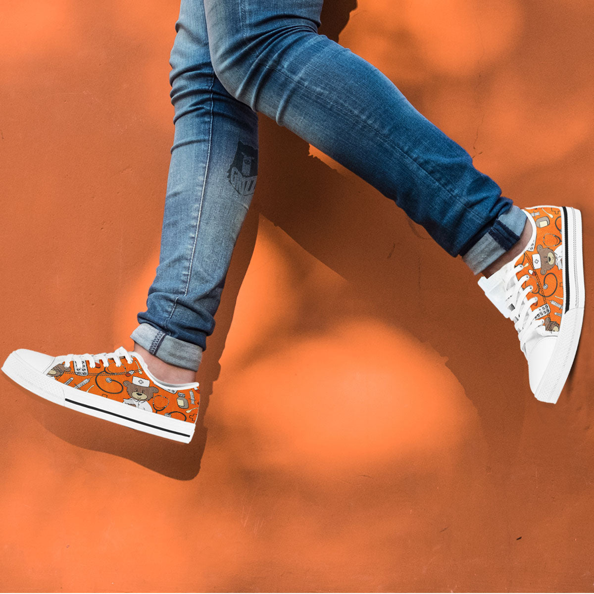 Orange Teddy Bear Nurse White Low Top Shoes-grizzshop