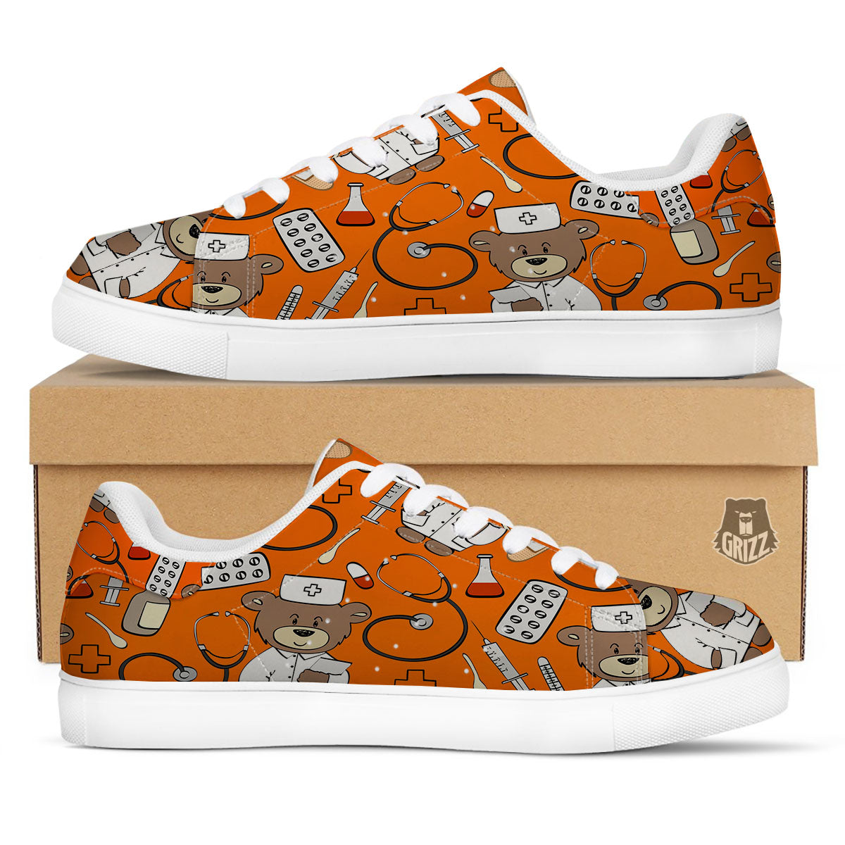 Orange Teddy Bear Nurse White Low Top Sneakers-grizzshop