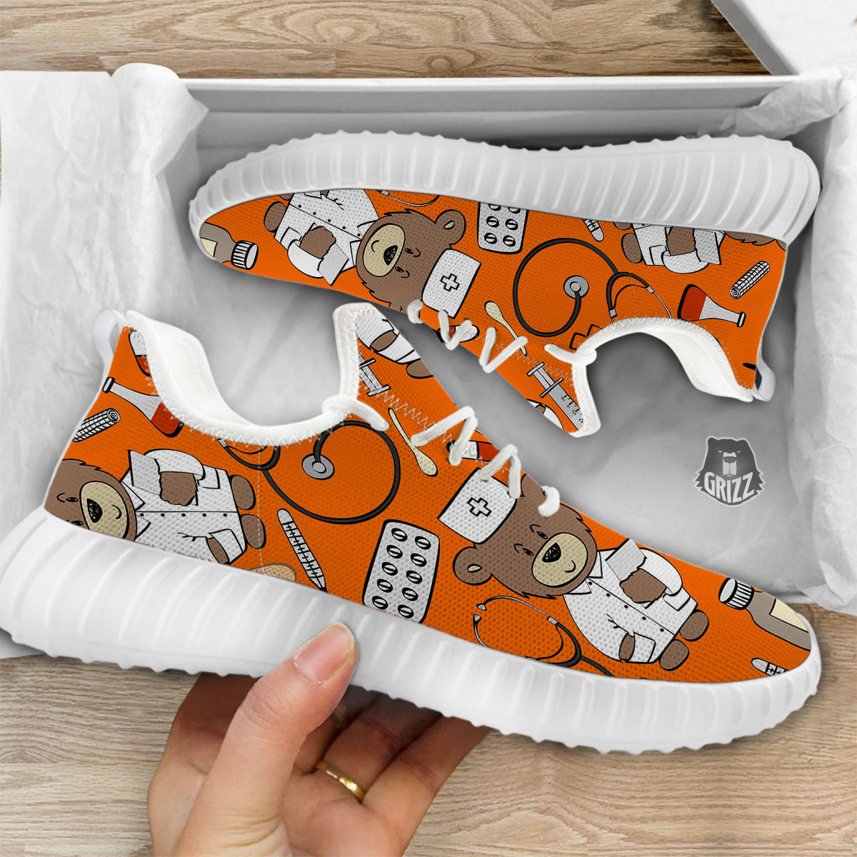 Orange Teddy Bear Nurse White Walking Shoes-grizzshop
