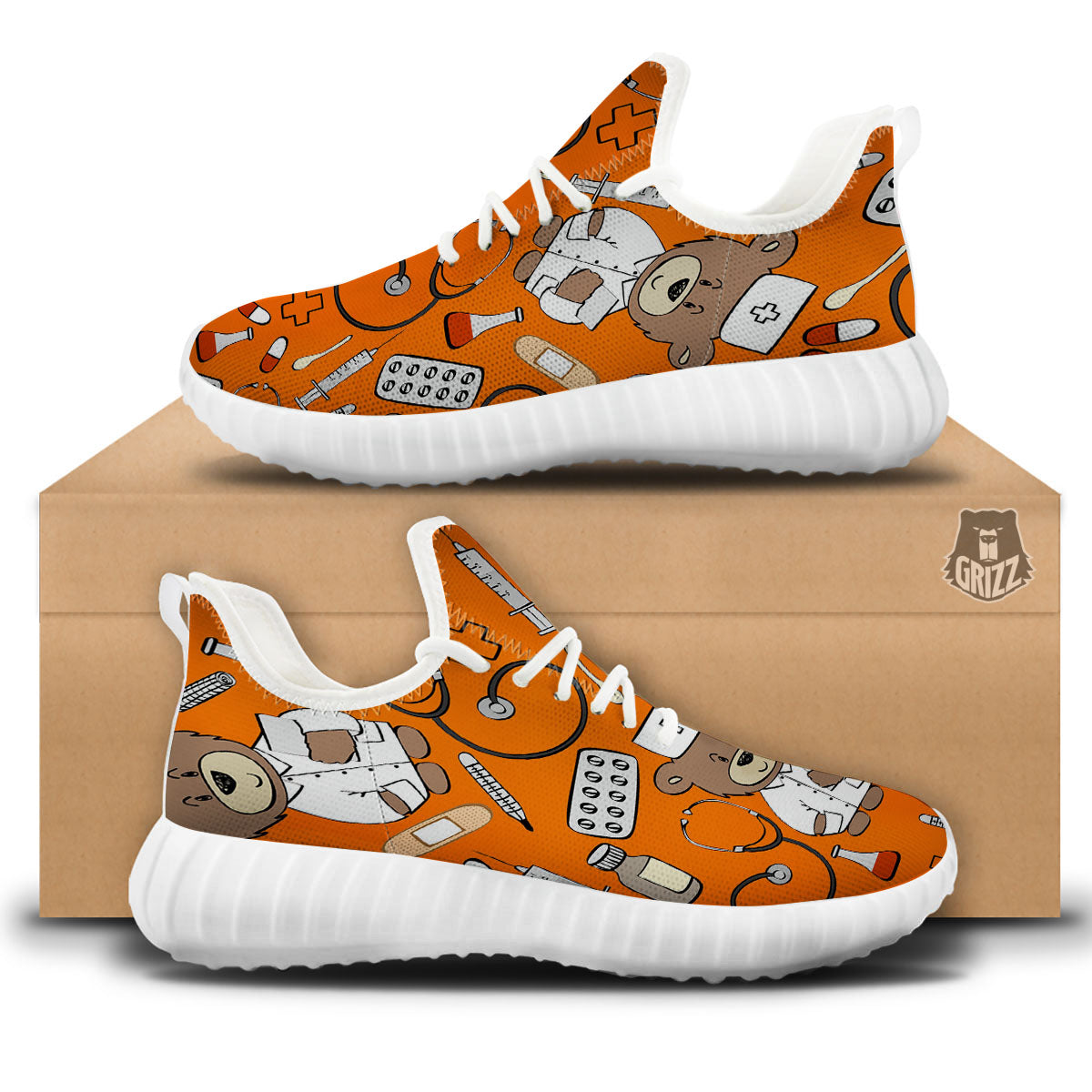 Orange Teddy Bear Nurse White Walking Shoes-grizzshop