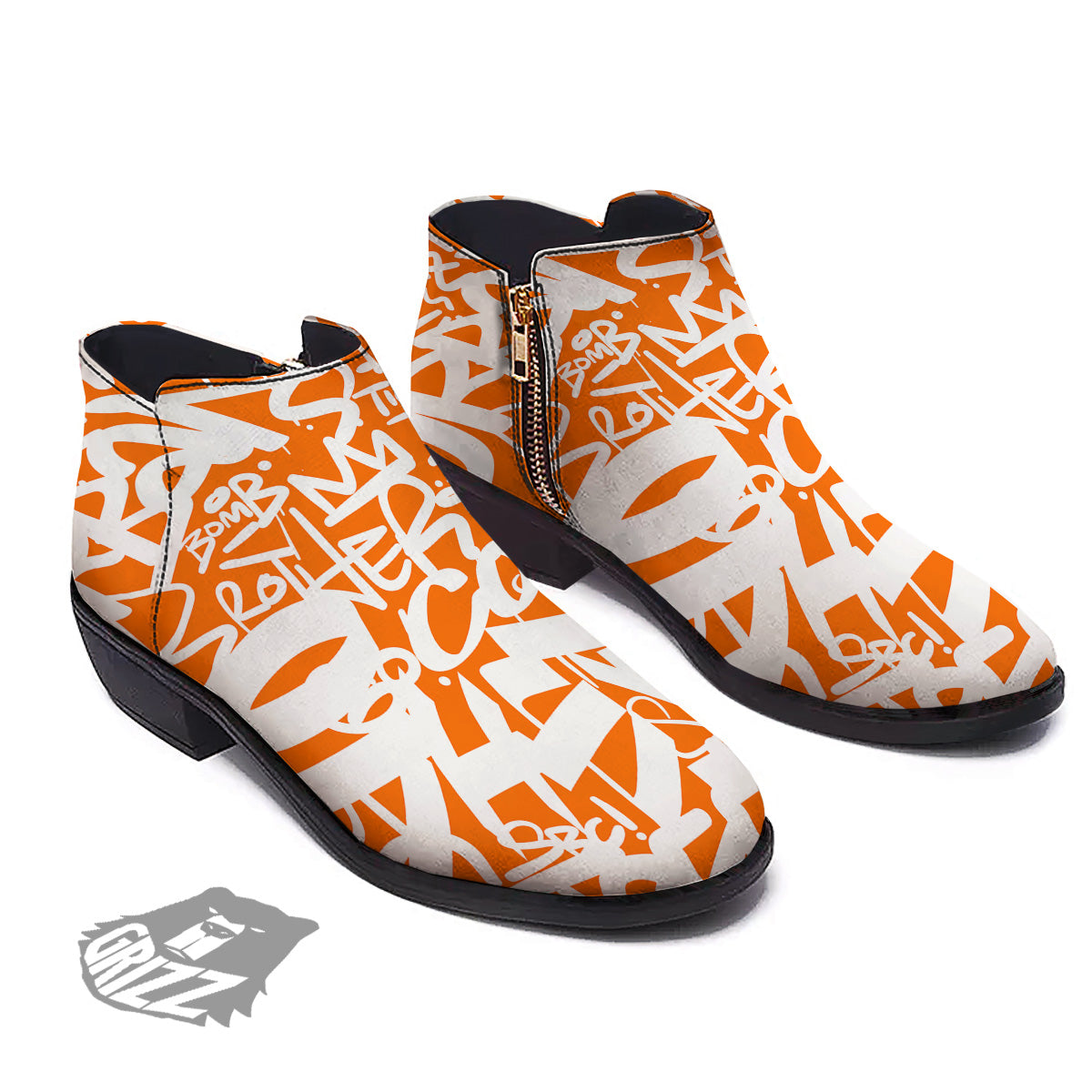 Orange Urban Graffiti Text Print Pattern Ankle Boots-grizzshop