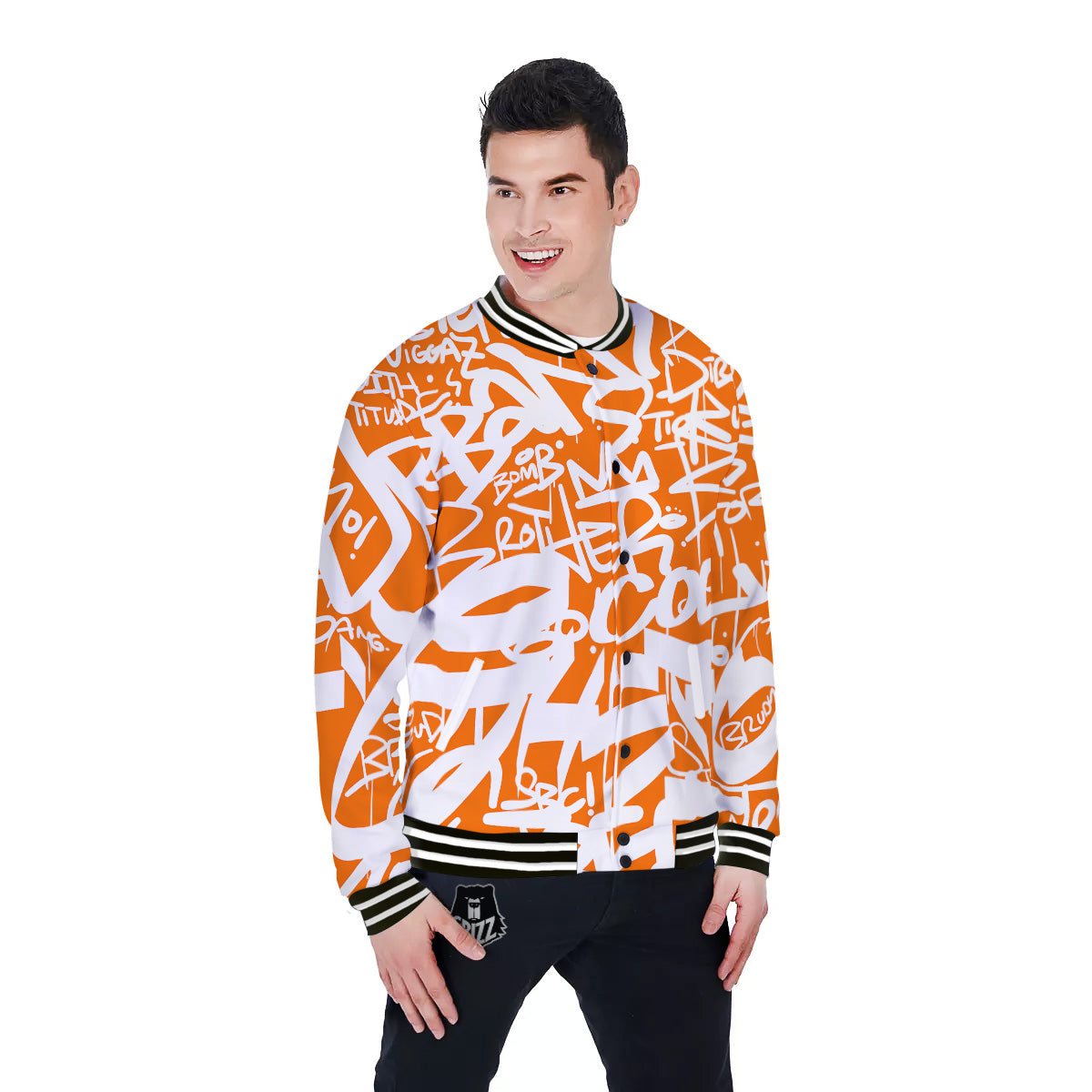 Orange Urban Graffiti Text Print Pattern Baseball Jacket-grizzshop