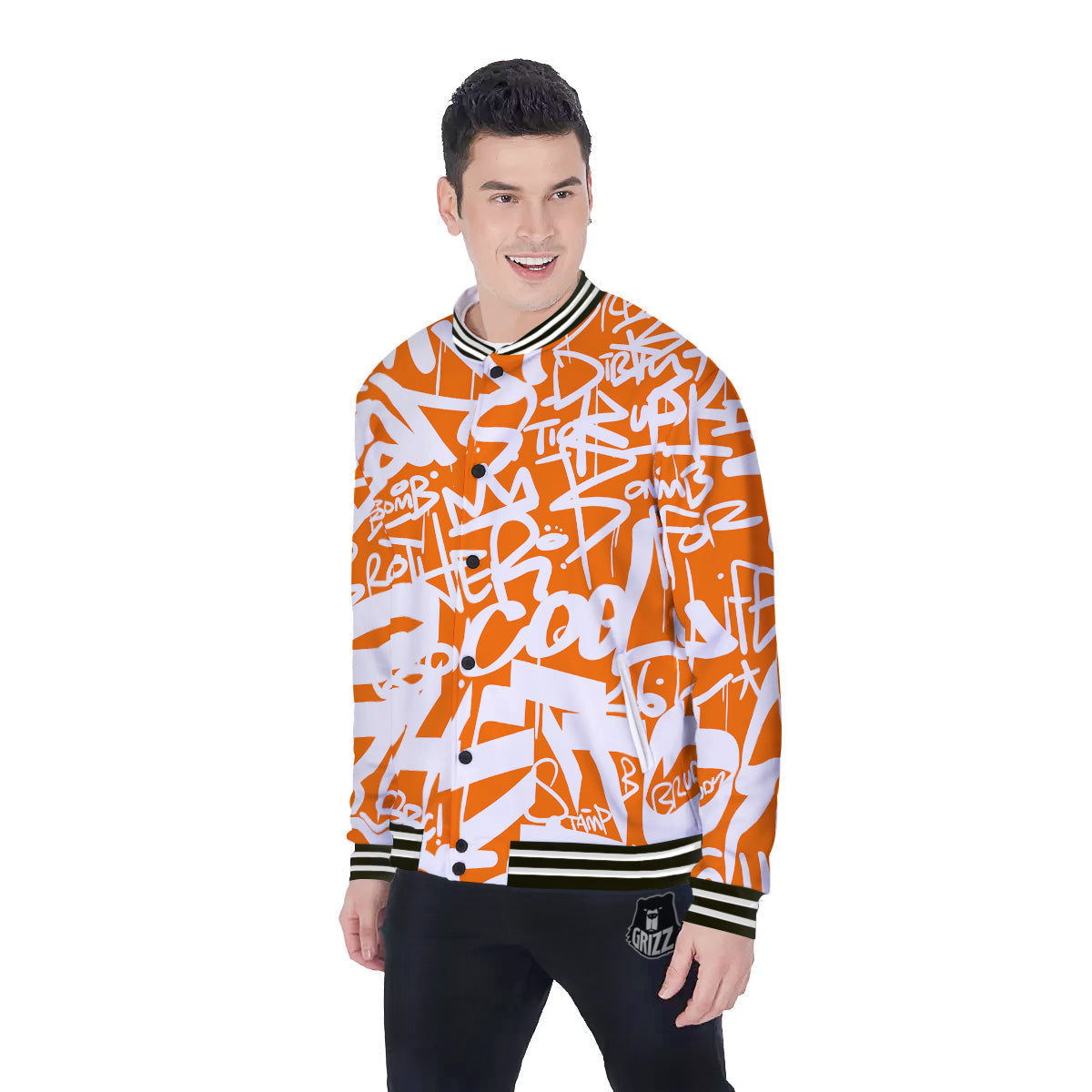 Orange Urban Graffiti Text Print Pattern Baseball Jacket-grizzshop