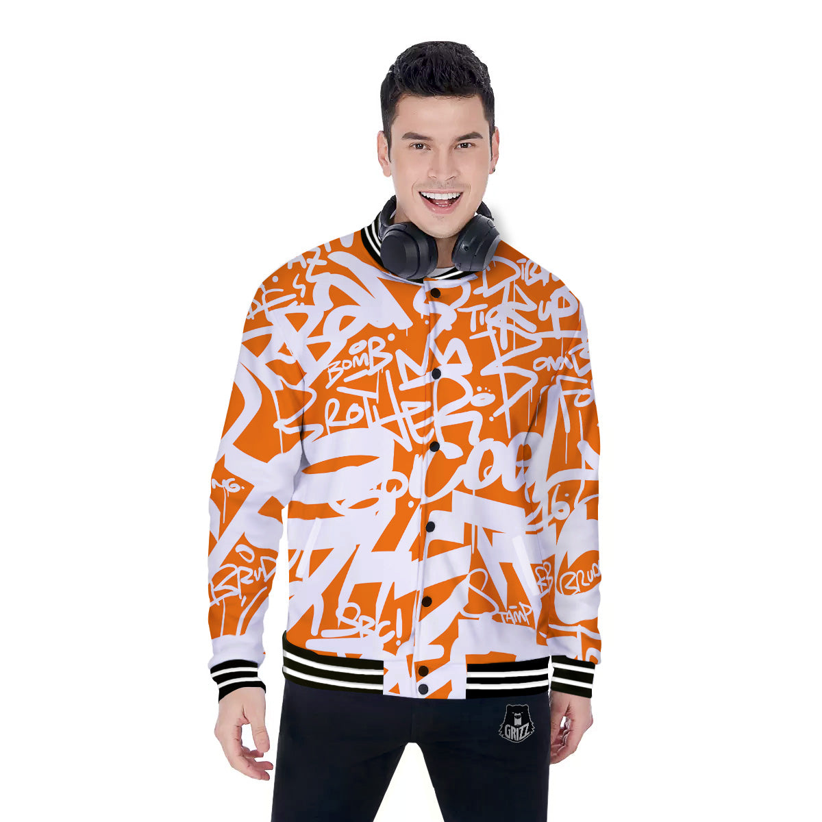 Orange Urban Graffiti Text Print Pattern Baseball Jacket-grizzshop