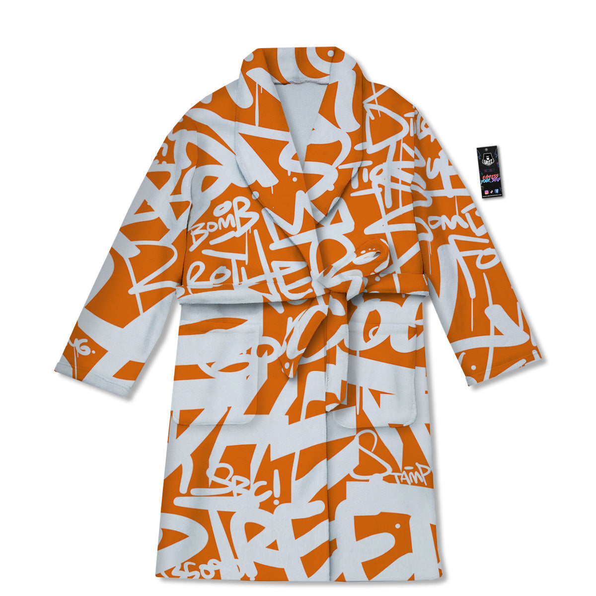 Orange Urban Graffiti Text Print Pattern Bathrobe-grizzshop