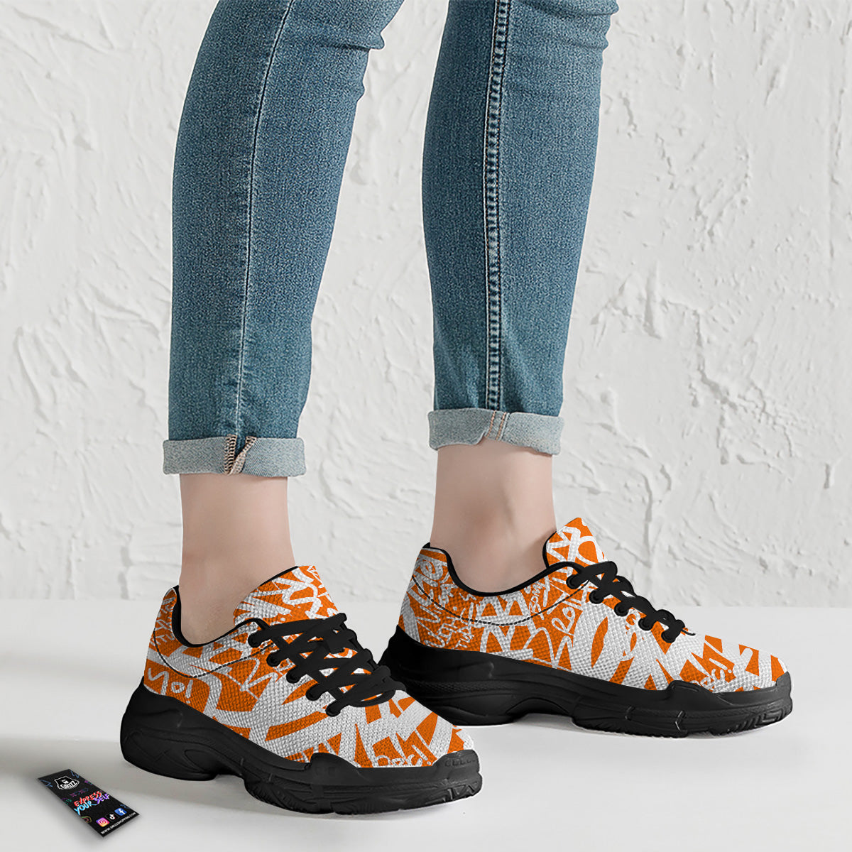 Orange Urban Graffiti Text Print Pattern Black Chunky Shoes-grizzshop