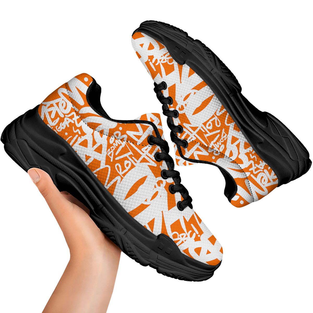 Orange Urban Graffiti Text Print Pattern Black Chunky Shoes-grizzshop