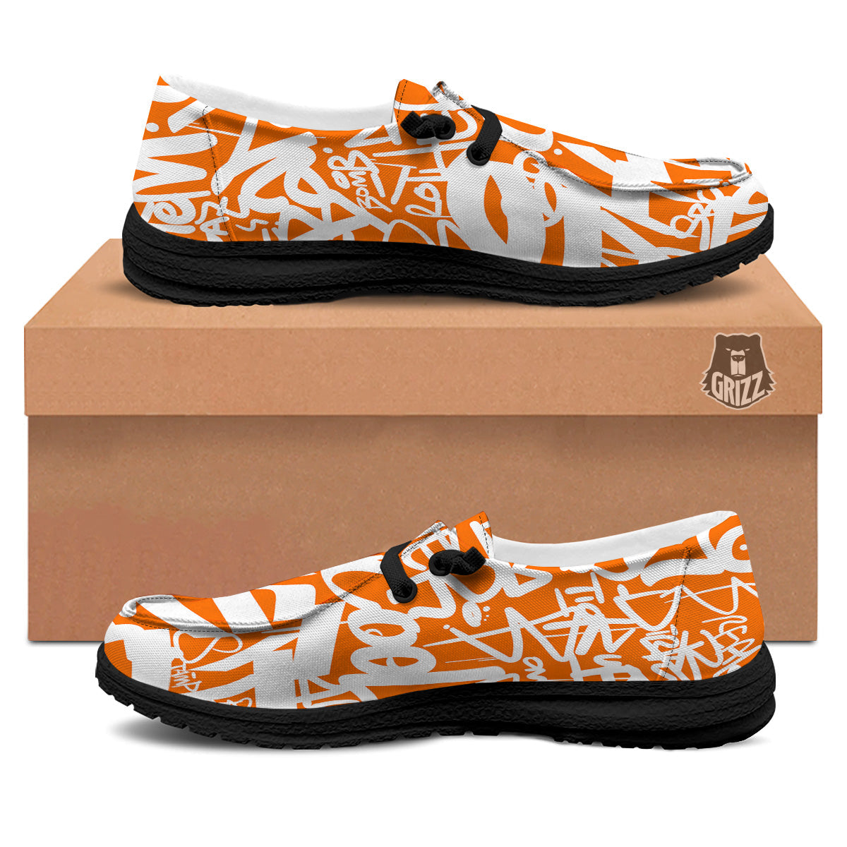 Orange Urban Graffiti Text Print Pattern Black Loafers-grizzshop