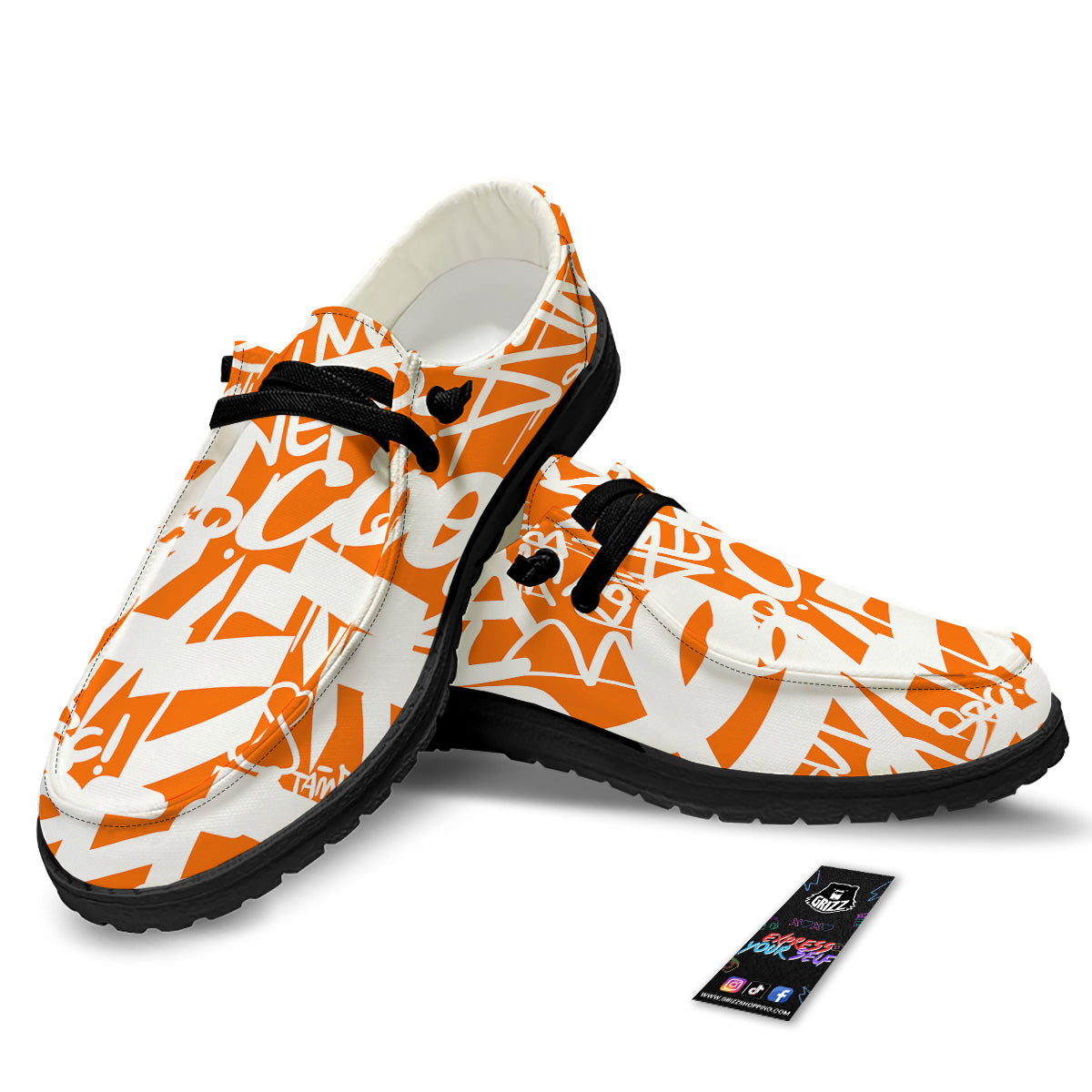 Orange Urban Graffiti Text Print Pattern Black Loafers-grizzshop