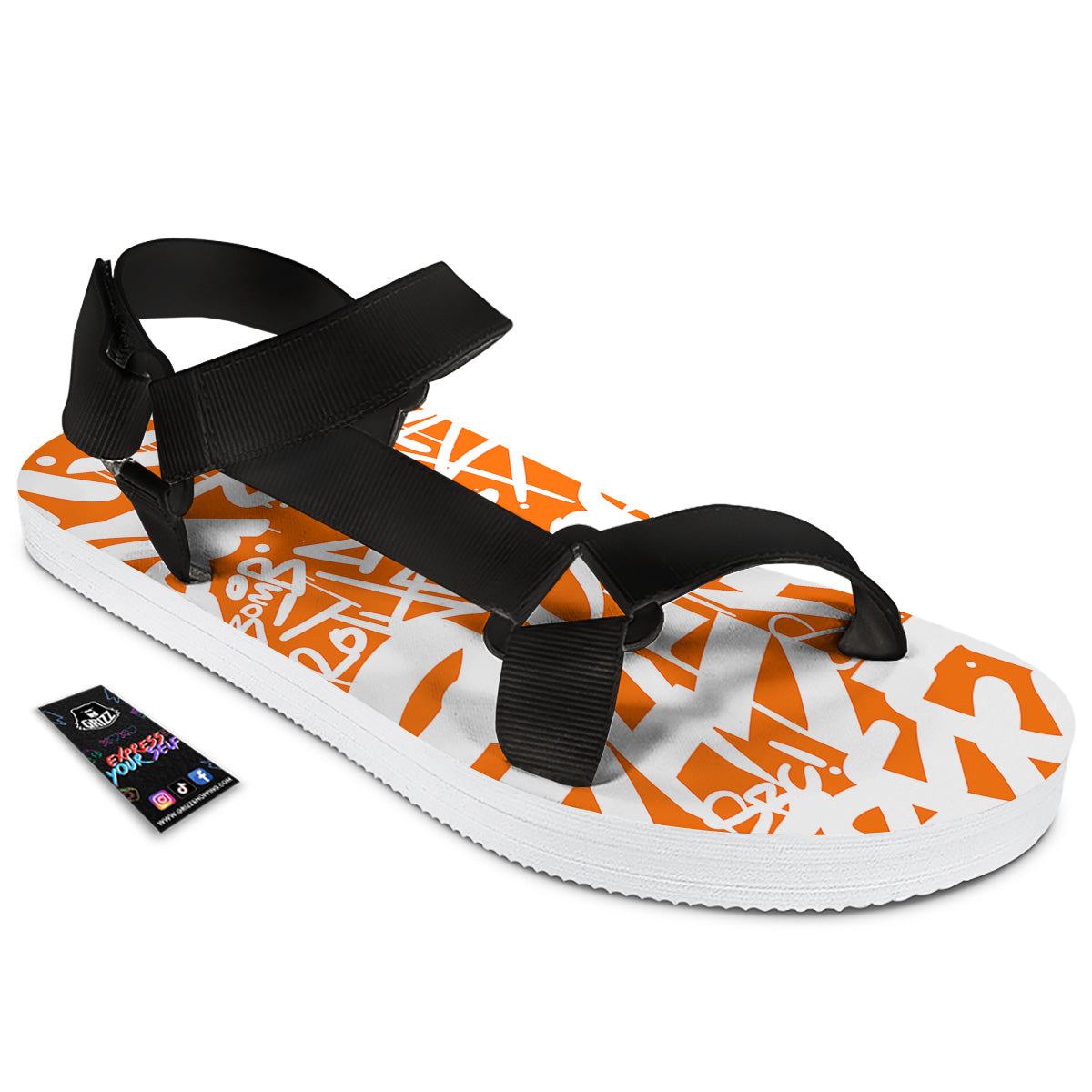 Orange Urban Graffiti Text Print Pattern Black Open Toe Sandals-grizzshop